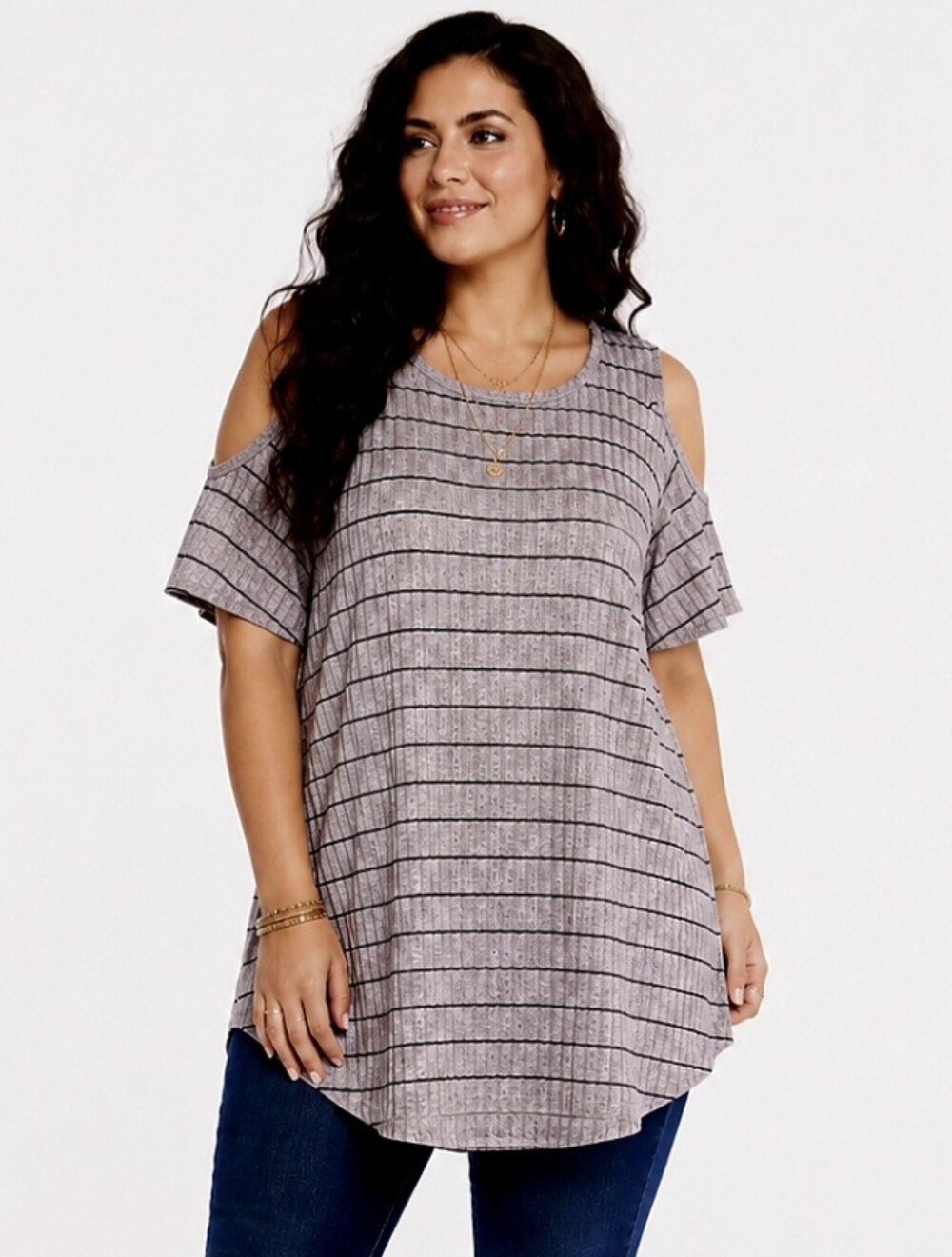 Apt 9 Cold Shoulder Tunic Top XL Taupe Striped Ribbed Boho Casual